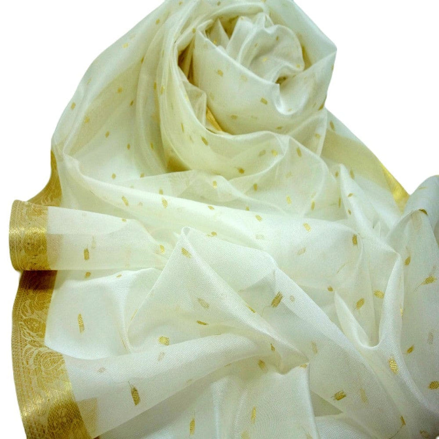 Esarfa Sal tesuta manual din Bumbac & Matase Naturala (Kora Silk cu bordura Zari) - Ivory Shade