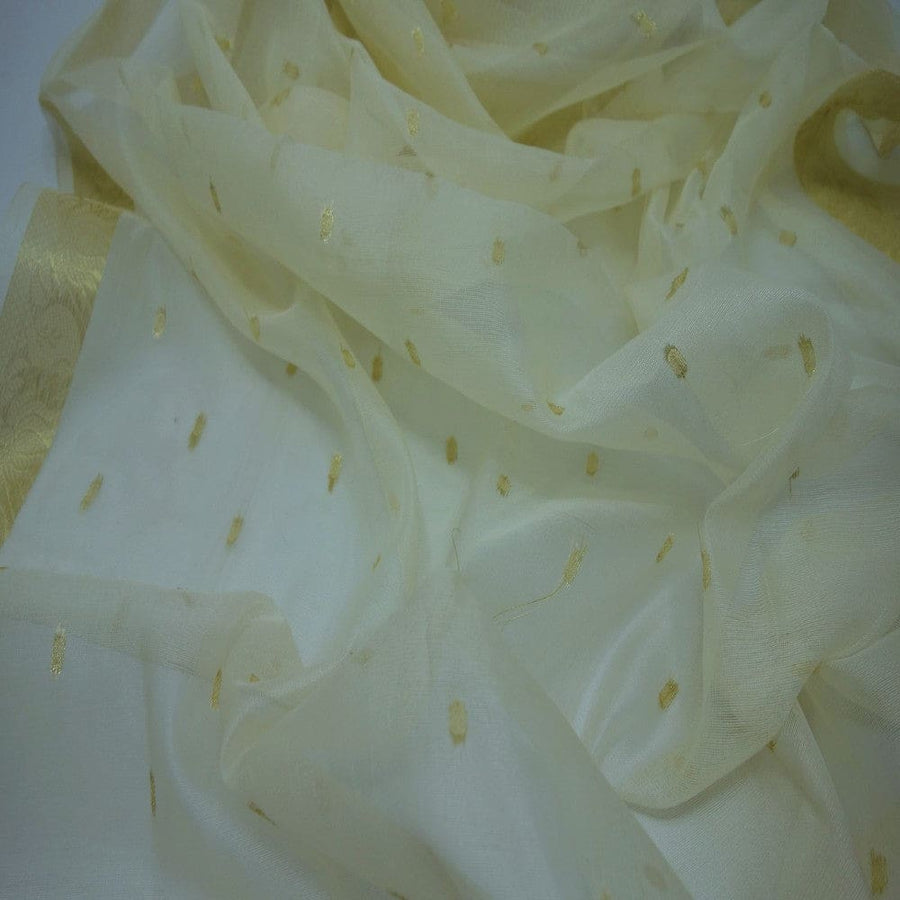Esarfa Sal tesuta manual din Bumbac & Matase Naturala (Kora Silk cu bordura Zari) - Ivory Shade