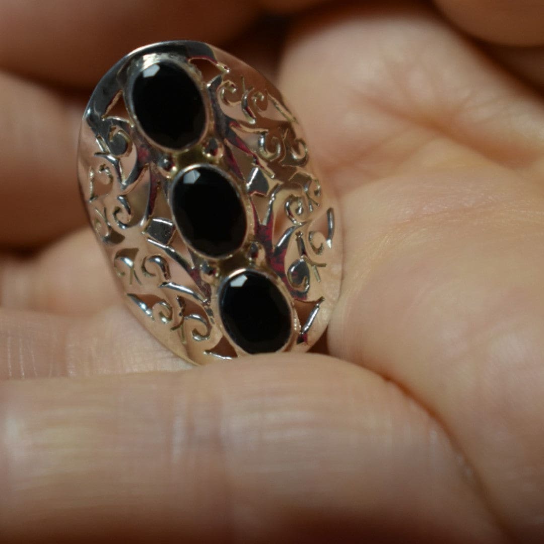 Inel din Argint cu 3 Pietre Semipretioase Naturale de Onix Negru -PureSilver13 (Marime: 9) - inel argint
