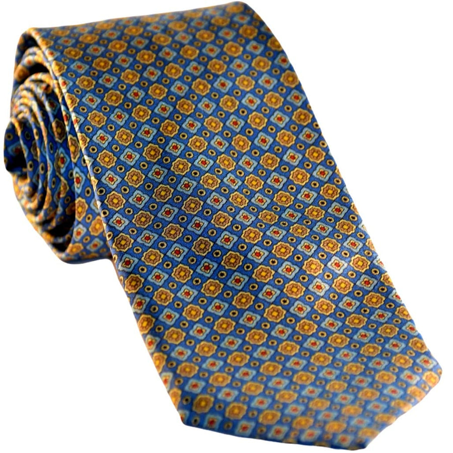 Cravata Barbati din 100% Matase Naturala - Fond Albastru si accente de Mustar& Bleu -> Cod: MATASE5 - Cravata Barbati