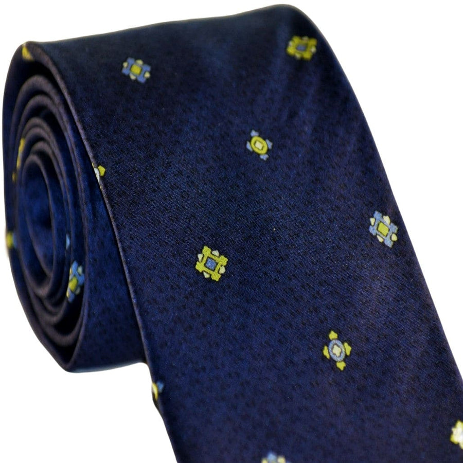 Cravata Barbati din 100% Matase Naturala - Fond Bleumarin Indigo cu accente de Bleu si Mustar -> Cod: MATASE13 - Cravata Barbati