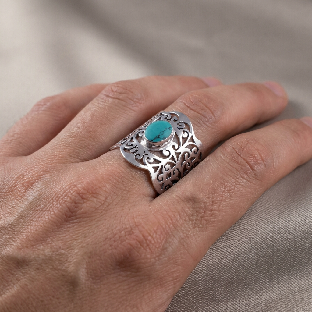 Inel Statement din Argint 925 cu Piatra Semipretioasa Naturala de Turcoaz - Code: PureSilver37 (Marime: 8 (US) & 9 (US)