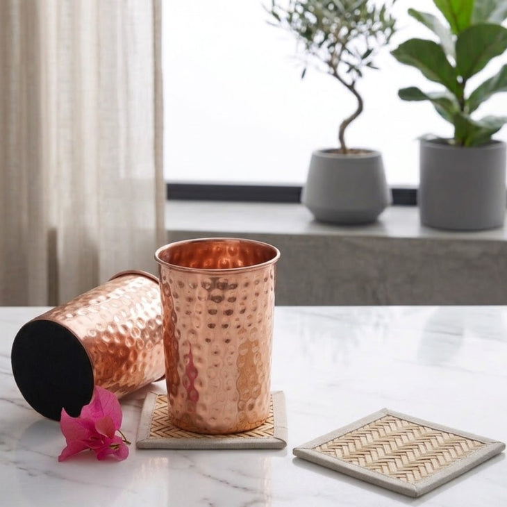 NOU! SET Pahare din Cupru solid fara jointuri cu finish 'Lovitura ciocan' + 2 Suporturi Pahare