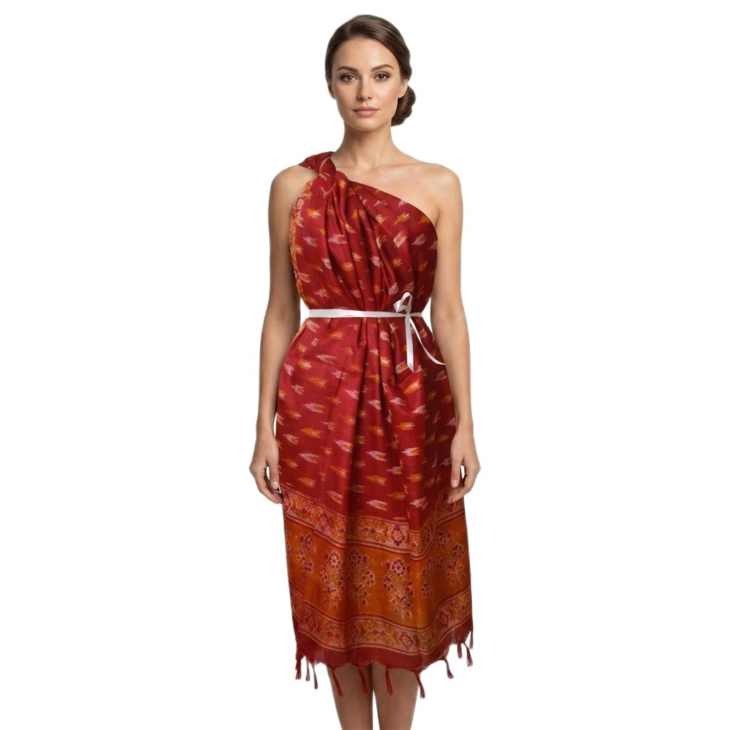 Pareo Mare/ Sarong/ Esarfa de Plaja - Matase vegetala (Bamboo Silk) -> Ikat Rosu de foc. Cod: Bamboo4