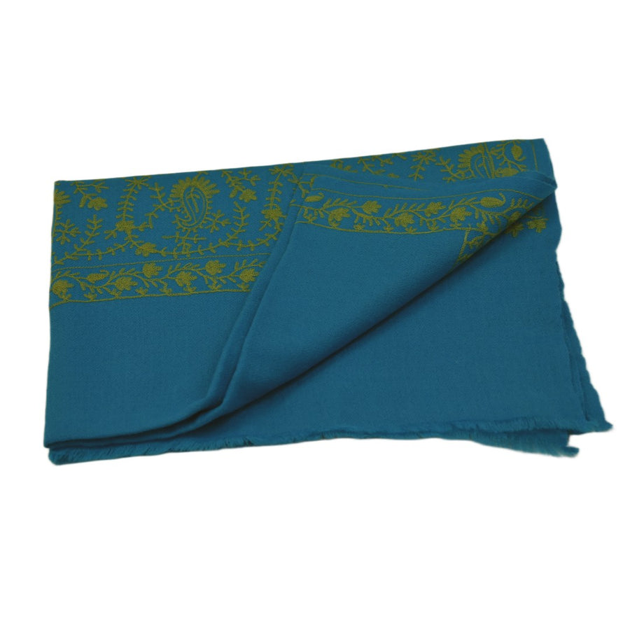 Esarfa Sal Casmir cu Broderie din Matase – Turcoaz/Verde Smarald-  Finete si Eleganta in orice Sezon -> Cod: CASHMBROD1