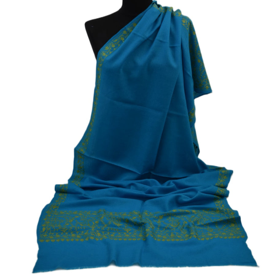 Esarfa Sal Casmir cu Broderie din Matase – Turcoaz/Verde Smarald-  Finete si Eleganta in orice Sezon -> Cod: CASHMBROD1