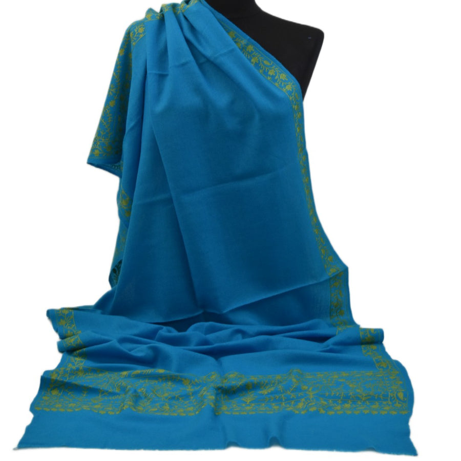 Esarfa Sal Casmir cu Broderie din Matase – Turcoaz/Verde Smarald-  Finete si Eleganta in orice Sezon -> Cod: CASHMBROD1