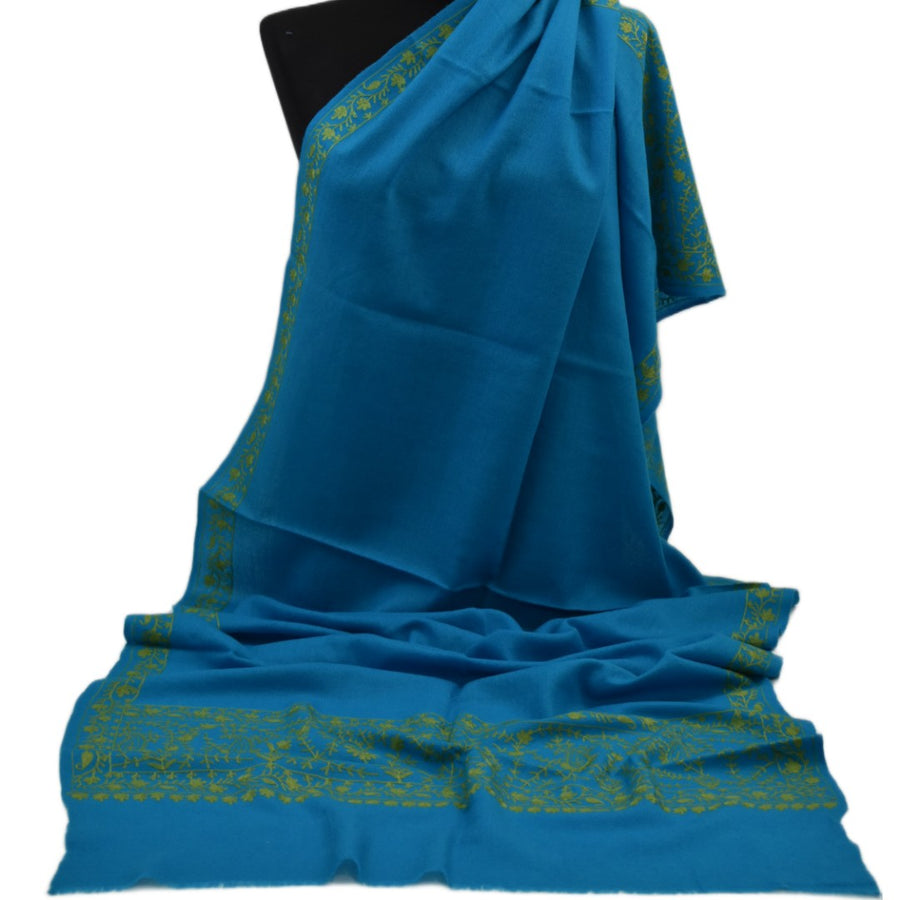 Esarfa Sal Casmir cu Broderie din Matase – Turcoaz/Verde Smarald-  Finete si Eleganta in orice Sezon -> Cod: CASHMBROD1