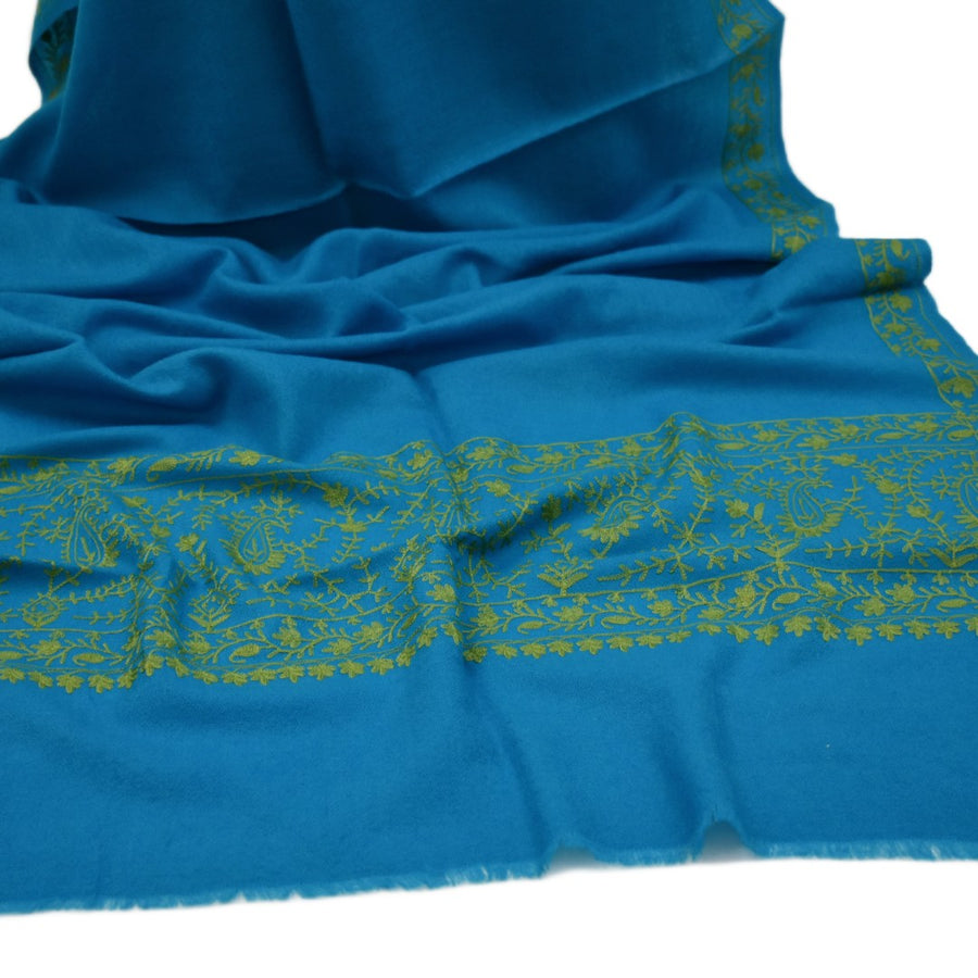 Esarfa Sal Casmir cu Broderie din Matase – Turcoaz/Verde Smarald-  Finete si Eleganta in orice Sezon -> Cod: CASHMBROD1