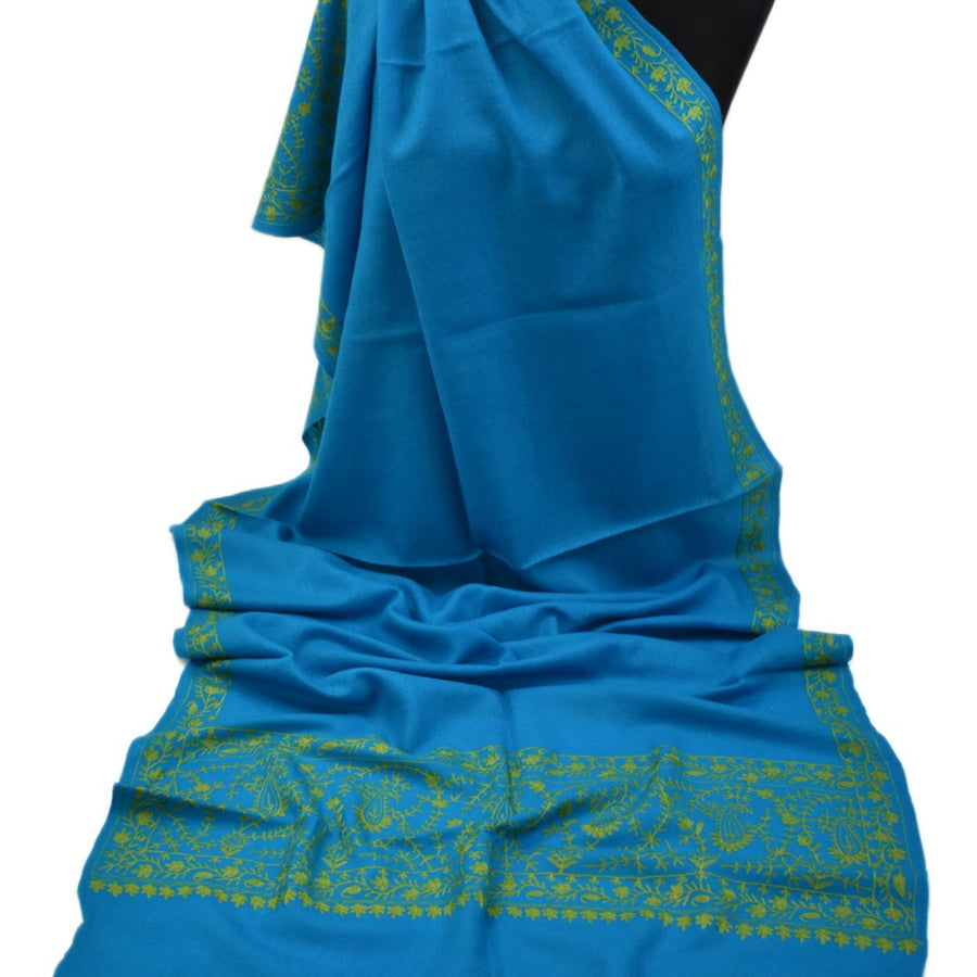 Esarfa Sal Casmir cu Broderie din Matase – Turcoaz/Verde Smarald-  Finete si Eleganta in orice Sezon -> Cod: CASHMBROD1