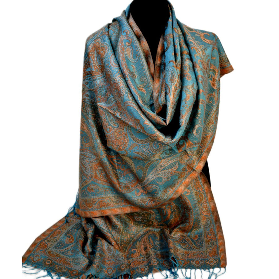 Blue and orange patterned scarf on a white background