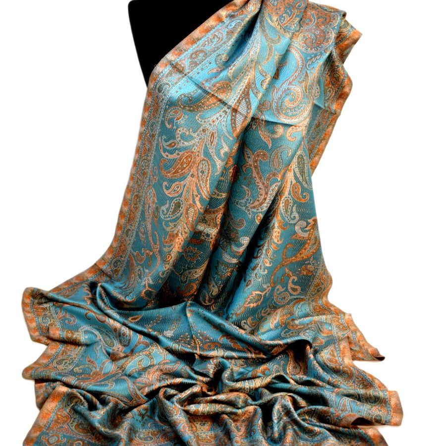 Handwoven shawl in pure silk blue and mustard colour