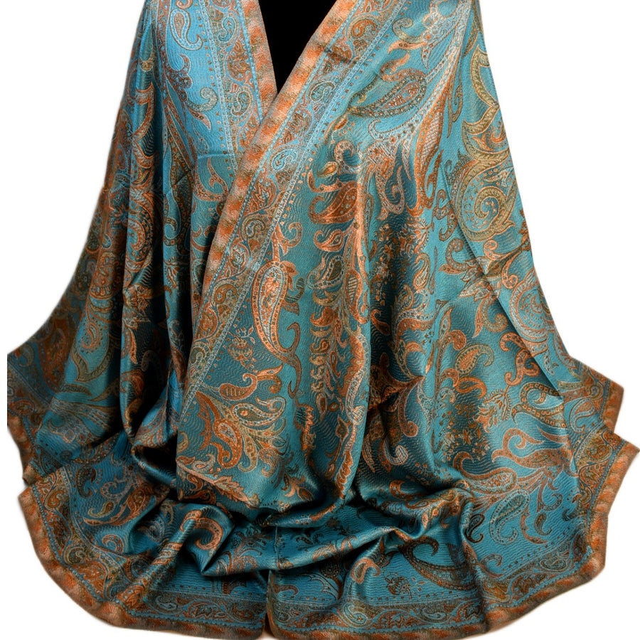 Blue and orange patterned fabric on a white background