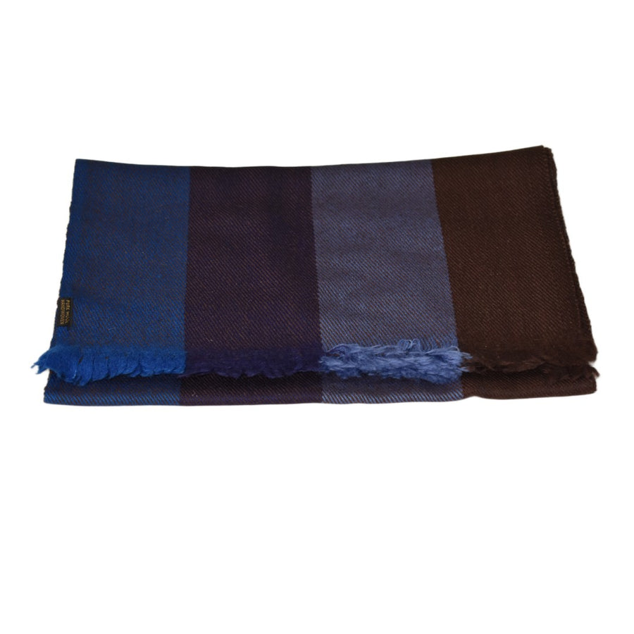 Folded scarf with blue, purple, and brown stripes on a white background