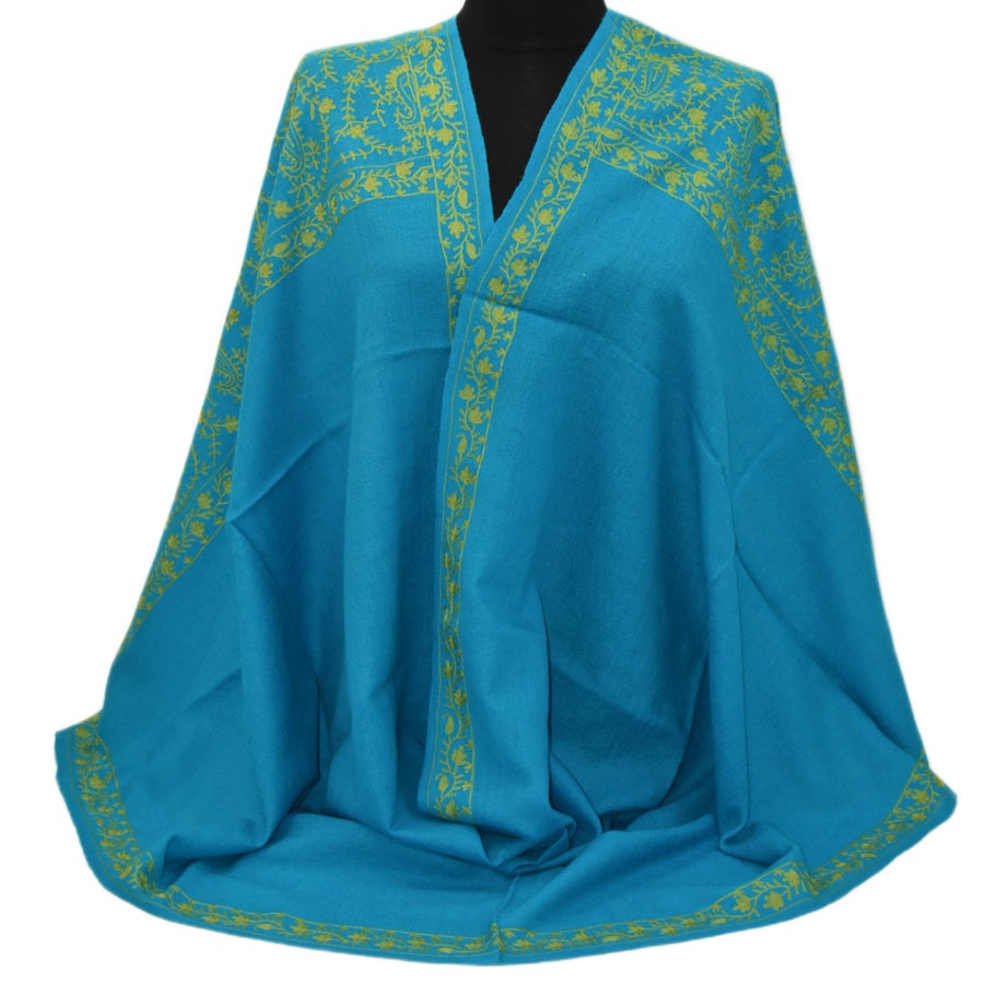 Esarfa Sal Casmir cu Broderie din Matase – Turcoaz/Verde Smarald-  Finete si Eleganta in orice Sezon -> Cod: CASHMBROD1