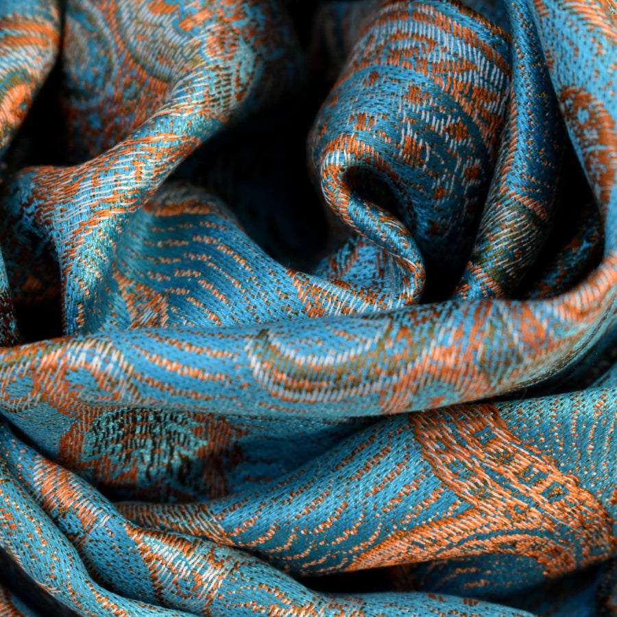 Close-up of blue and orange patterned scarf