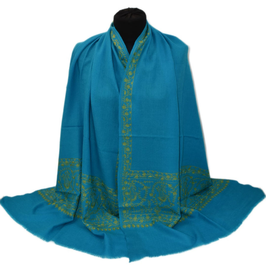 Esarfa Sal Casmir cu Broderie din Matase – Turcoaz/Verde Smarald-  Finete si Eleganta in orice Sezon -> Cod: CASHMBROD1