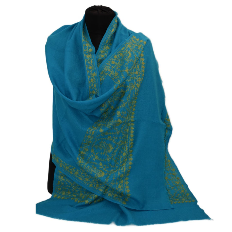 Esarfa Sal Casmir cu Broderie din Matase – Turcoaz/Verde Smarald-  Finete si Eleganta in orice Sezon -> Cod: CASHMBROD1