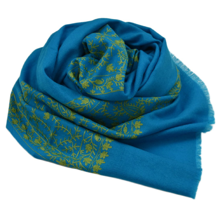 Esarfa Sal Casmir cu Broderie din Matase – Turcoaz/Verde Smarald-  Finete si Eleganta in orice Sezon -> Cod: CASHMBROD1