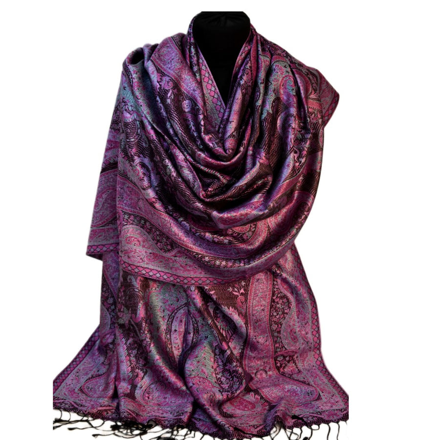 Purple patterned scarf on a mannequin against a white background