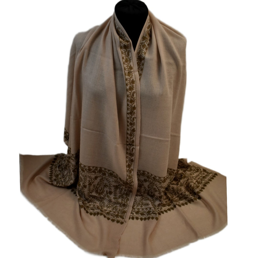 Esarfa Sal Casmir cu Broderie din Matase –Bej Nude /Ciocolatiu- Finete si Eleganta in orice Sezon -> Cod: CASHMBROD3