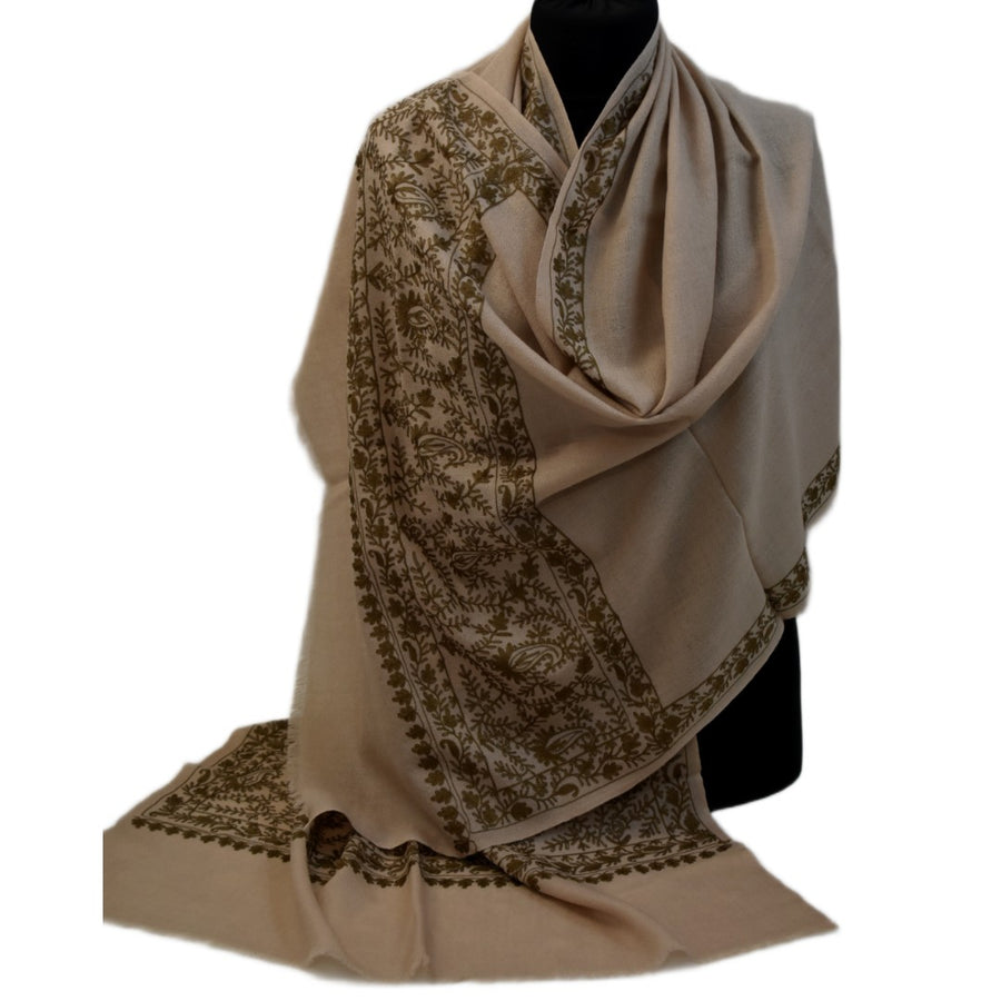Esarfa Sal Casmir cu Broderie din Matase –Bej Nude /Ciocolatiu- Finete si Eleganta in orice Sezon -> Cod: CASHMBROD3