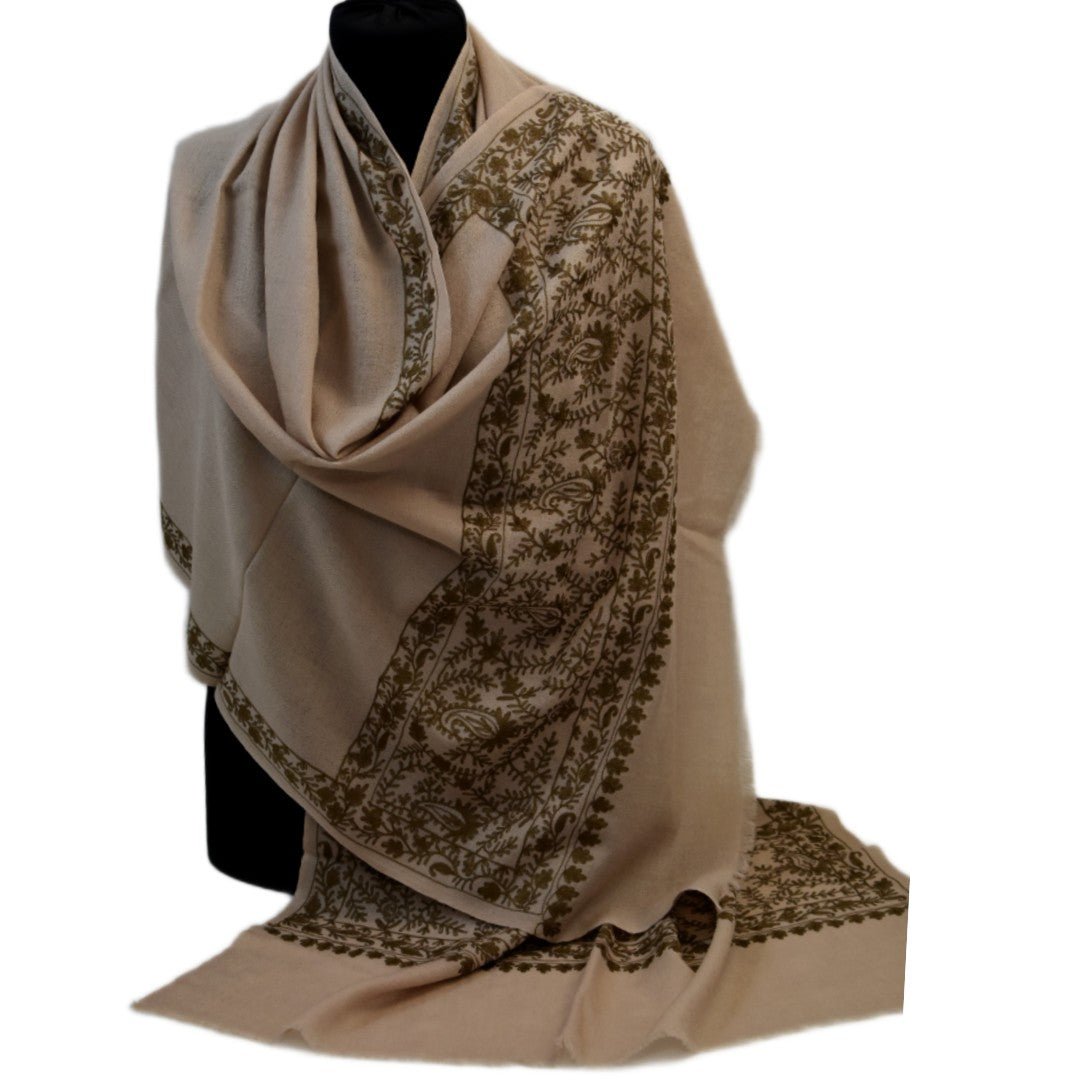 Esarfa Sal Casmir cu Broderie din Matase –Bej Nude /Ciocolatiu- Finete si Eleganta in orice Sezon -> Cod: CASHMBROD3