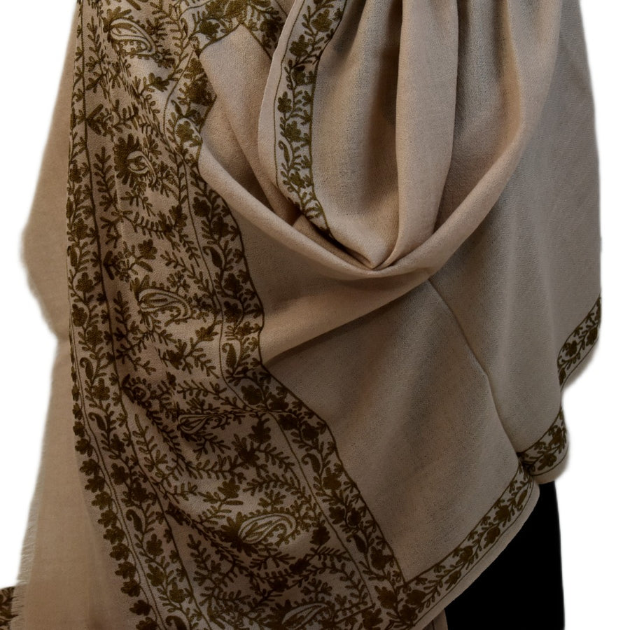 Esarfa Sal Casmir cu Broderie din Matase –Bej Nude /Ciocolatiu- Finete si Eleganta in orice Sezon -> Cod: CASHMBROD3