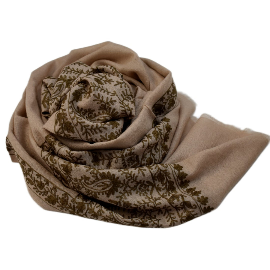 Esarfa Sal Casmir cu Broderie din Matase –Bej Nude /Ciocolatiu- Finete si Eleganta in orice Sezon -> Cod: CASHMBROD3