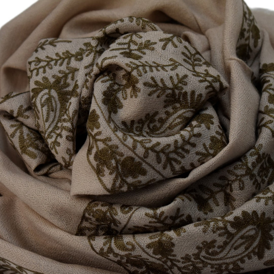 Esarfa Sal Casmir cu Broderie din Matase –Bej Nude /Ciocolatiu- Finete si Eleganta in orice Sezon -> Cod: CASHMBROD3