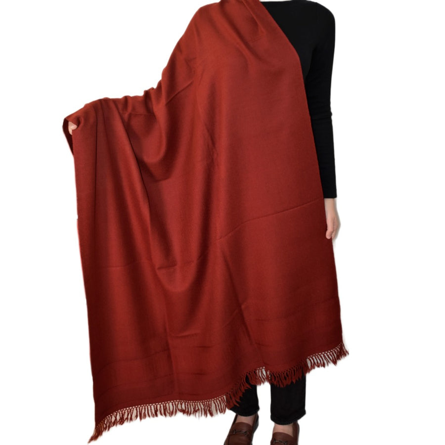 Red scarf draped over a person on a white background
