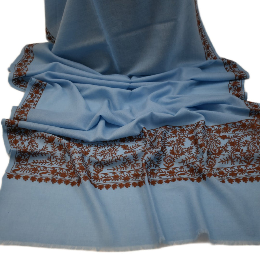 Esarfa Sal Casmir cu Broderie din Matase – Bleu/Maron Ciocolatiu - Finete si Eleganta in orice Sezon -> Cod: CASHMBROD5