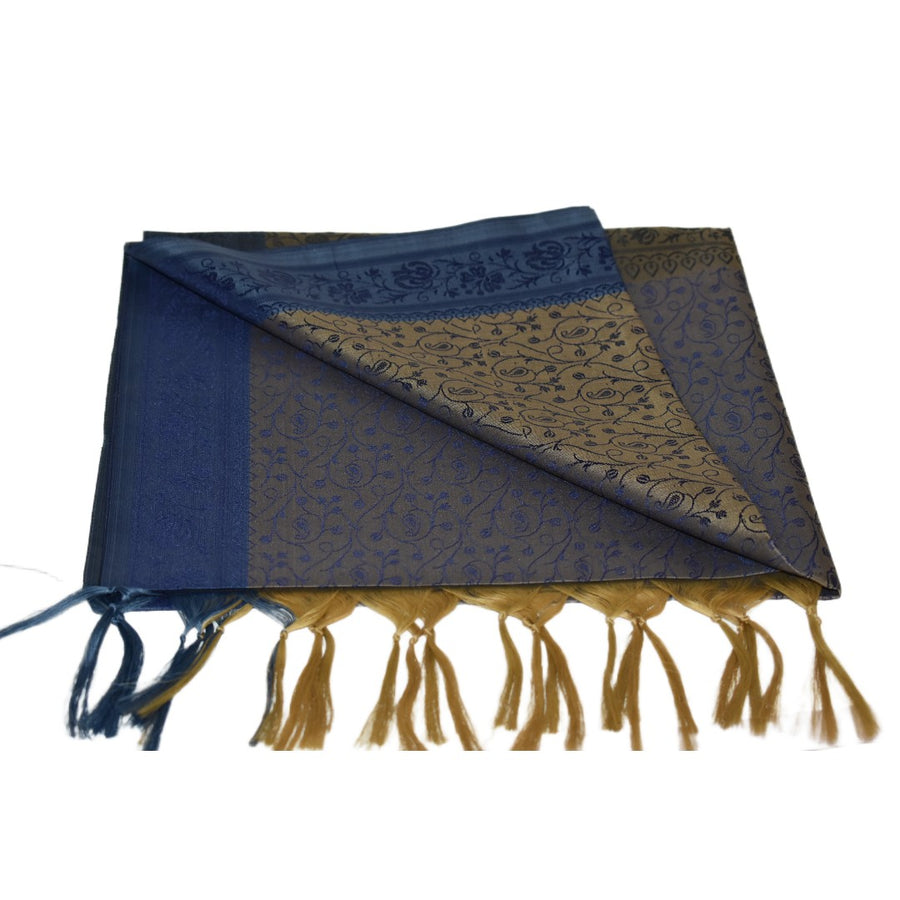 Navy blue and gold patterned scarf with fringes on a white background