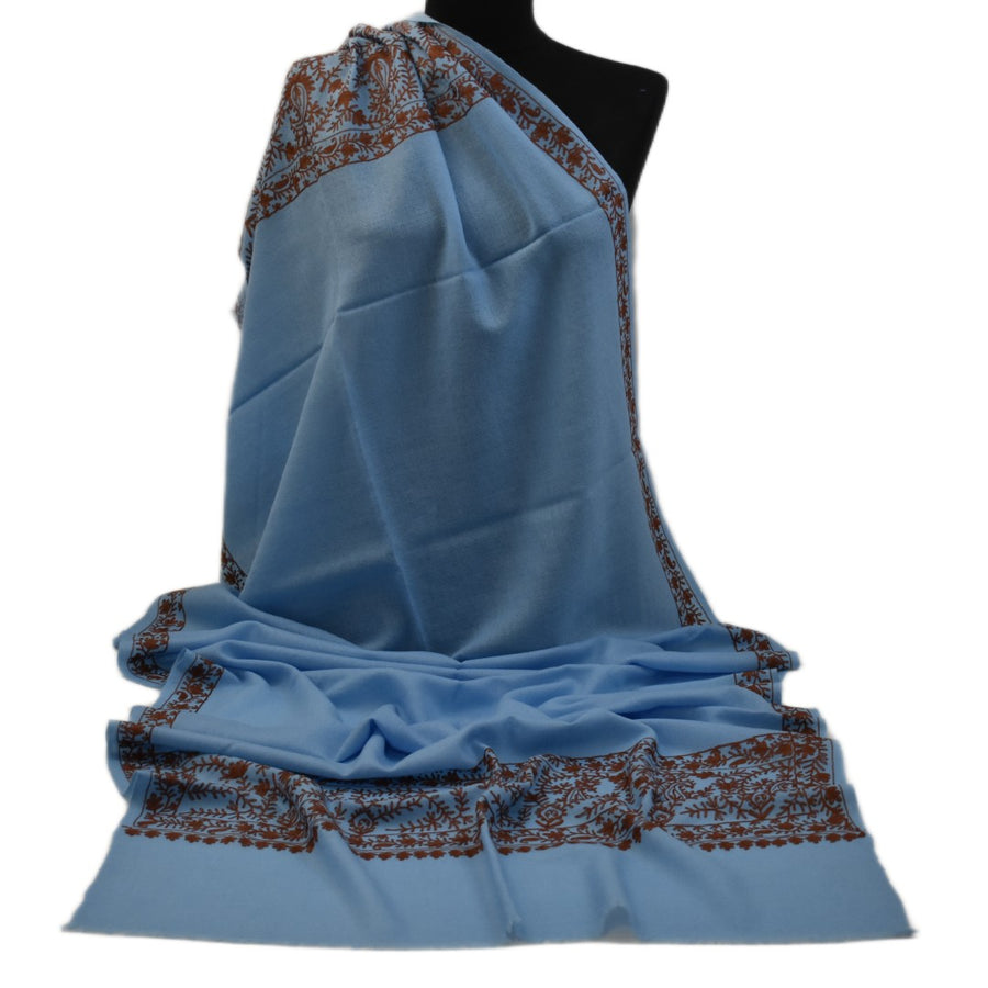 Esarfa Sal Casmir cu Broderie din Matase – Bleu/Maron Ciocolatiu - Finete si Eleganta in orice Sezon -> Cod: CASHMBROD5