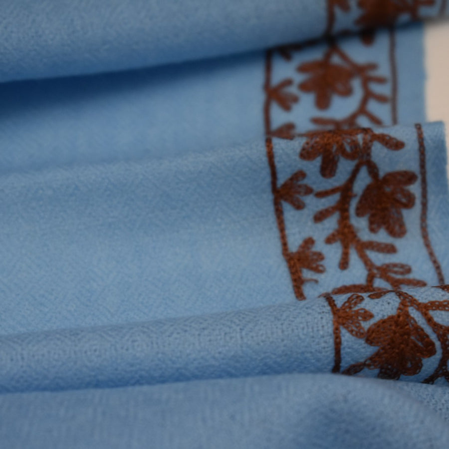 Esarfa Sal Casmir cu Broderie din Matase – Bleu/Maron Ciocolatiu - Finete si Eleganta in orice Sezon -> Cod: CASHMBROD5