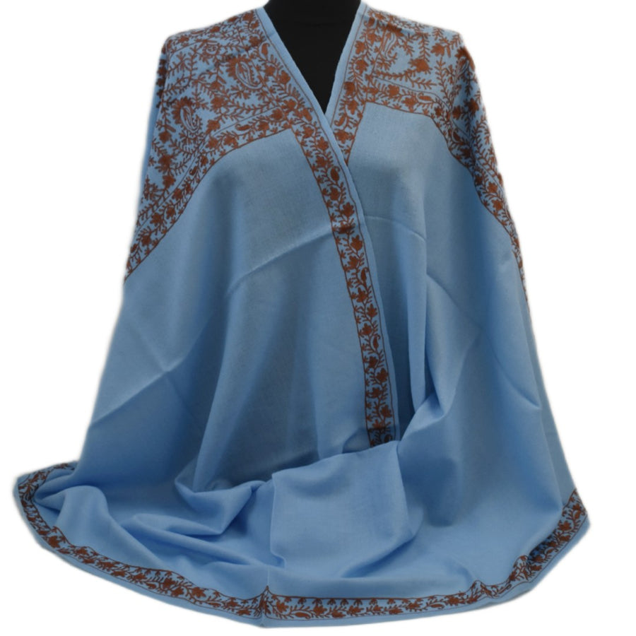 Esarfa Sal Casmir cu Broderie din Matase – Bleu/Maron Ciocolatiu - Finete si Eleganta in orice Sezon -> Cod: CASHMBROD5