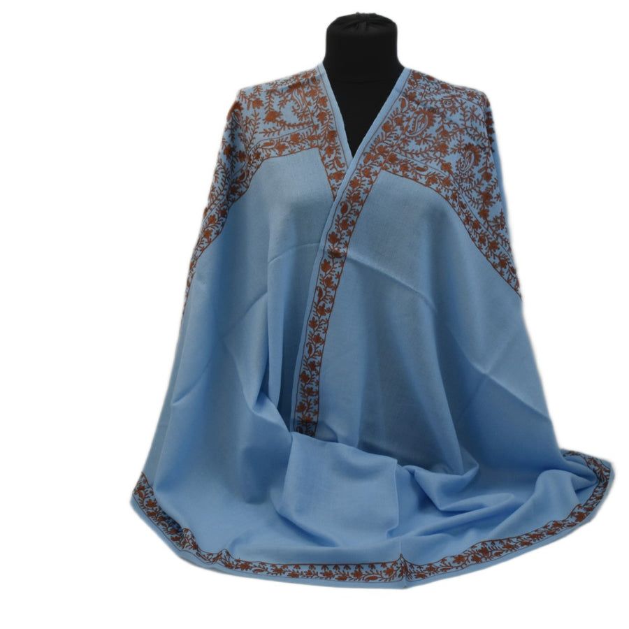 Esarfa Sal Casmir cu Broderie din Matase – Bleu/Maron Ciocolatiu - Finete si Eleganta in orice Sezon -> Cod: CASHMBROD5