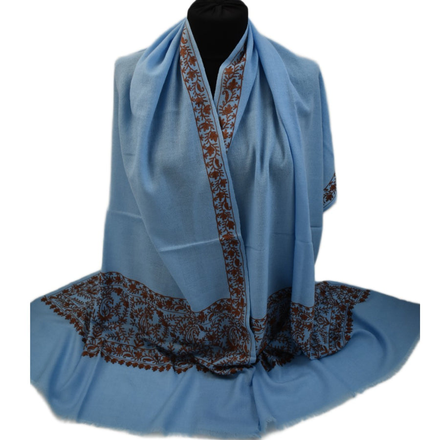 Esarfa Sal Casmir cu Broderie din Matase – Bleu/Maron Ciocolatiu - Finete si Eleganta in orice Sezon -> Cod: CASHMBROD5