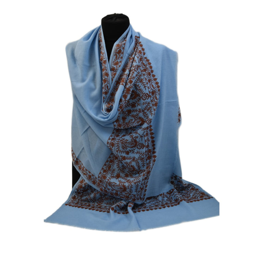 Esarfa Sal Casmir cu Broderie din Matase – Bleu/Maron Ciocolatiu - Finete si Eleganta in orice Sezon -> Cod: CASHMBROD5