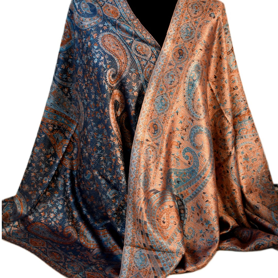 Two patterned scarves in blue and orange on a white background