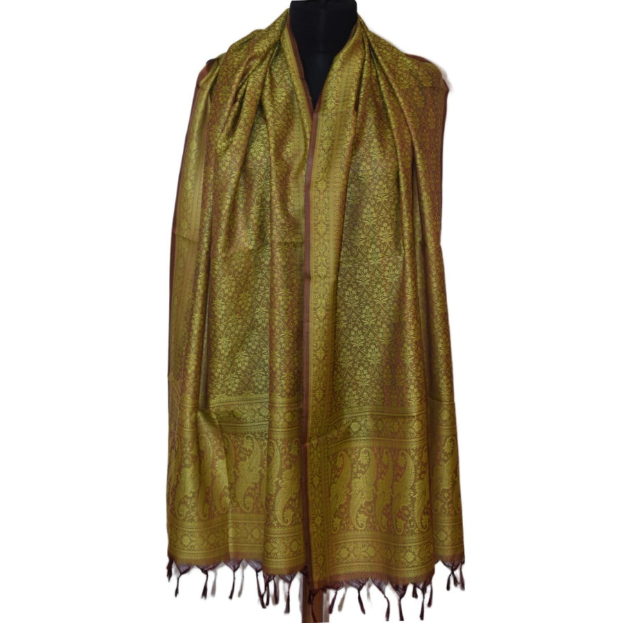 Gold patterned scarf on a mannequin with a white background