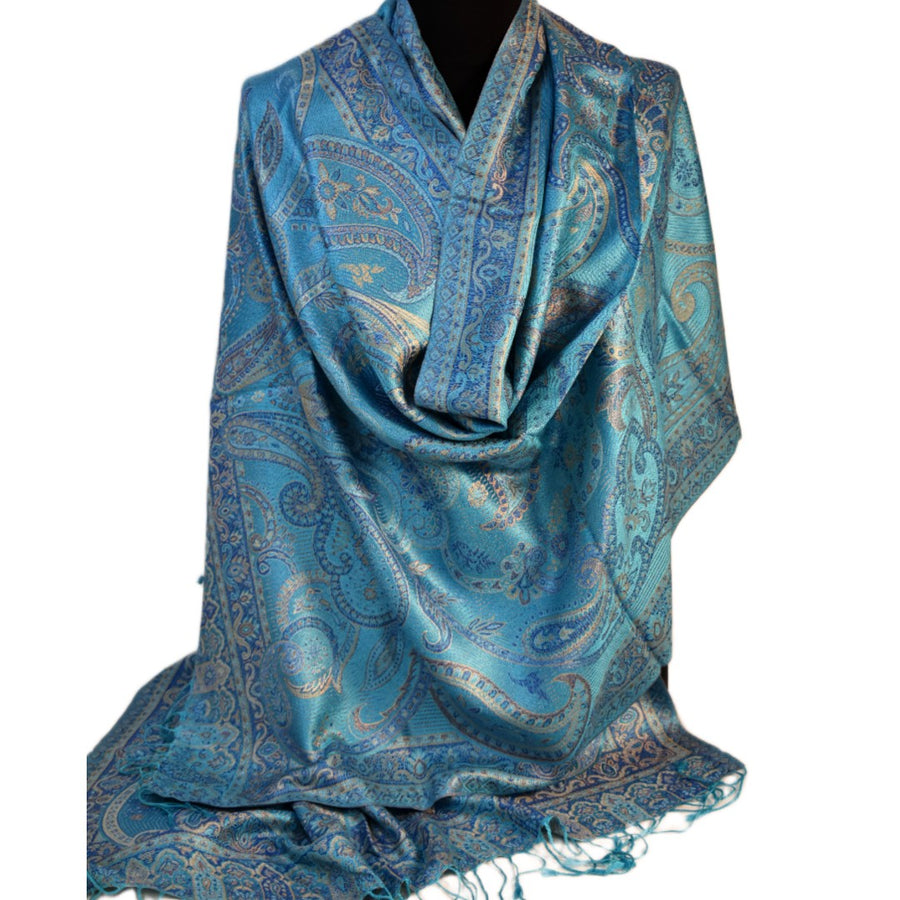 Blue paisley silk scarf on a white background