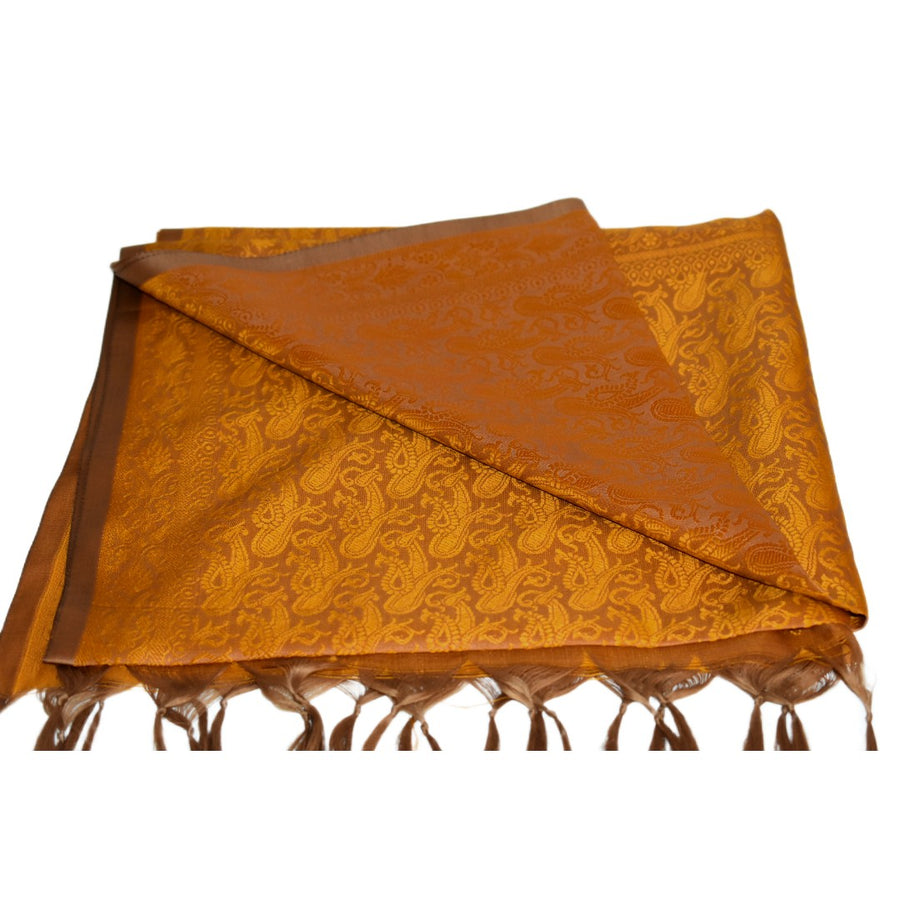 Orange patterned scarf with tassels on a white background