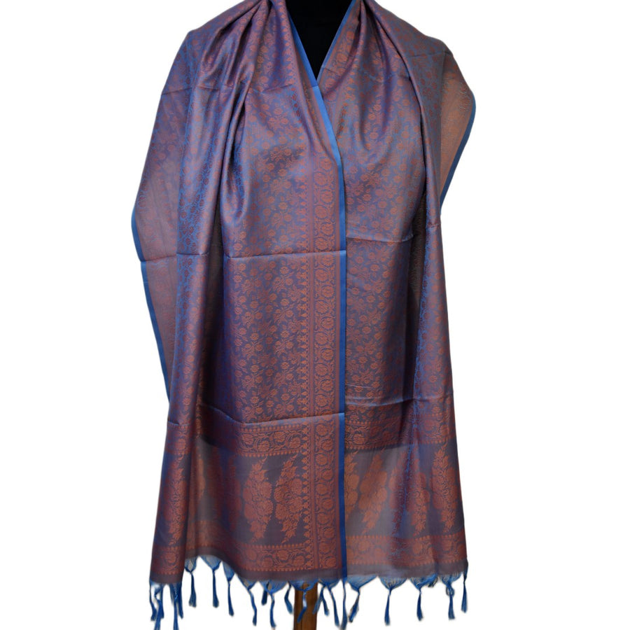 Blue and brown patterned scarf on a white background