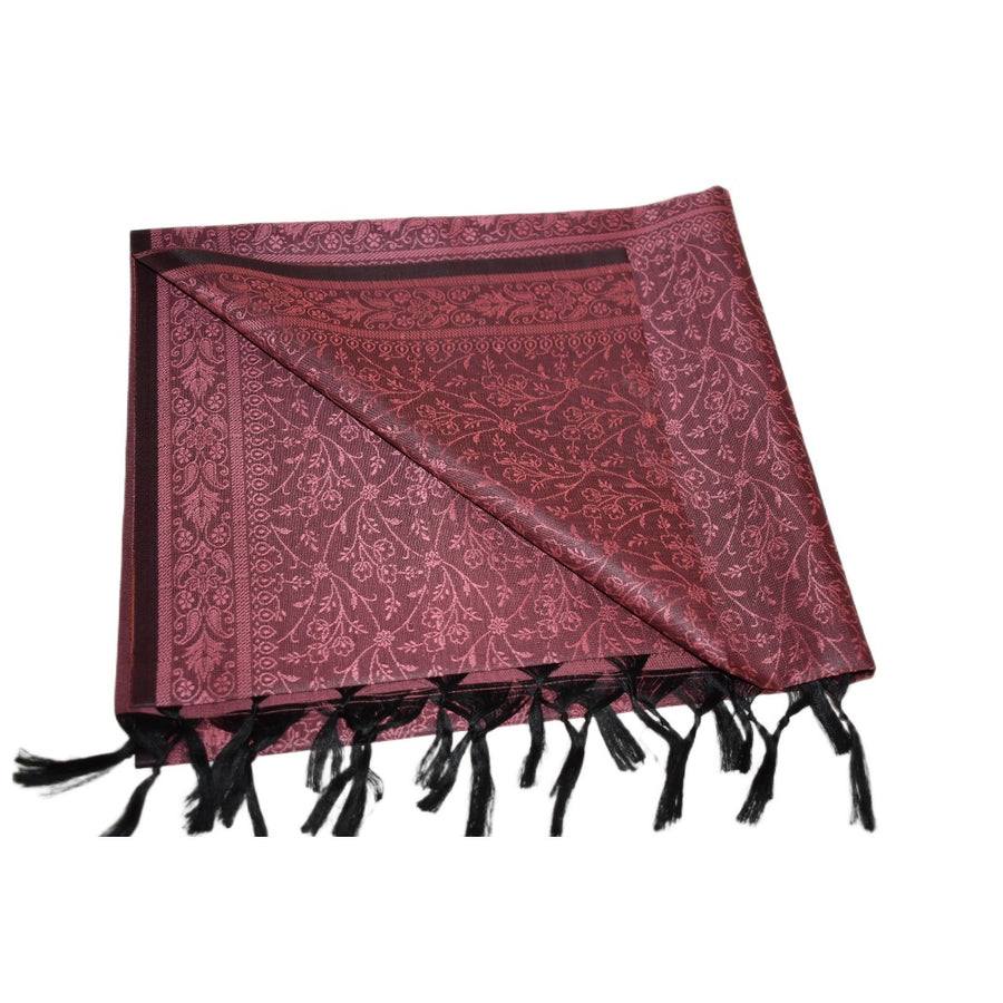 Folded maroon scarf with black tassels on a white background