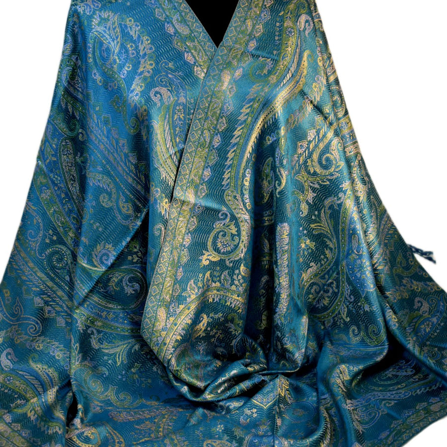 Blue and green paisley pure silk shawl on a white background
