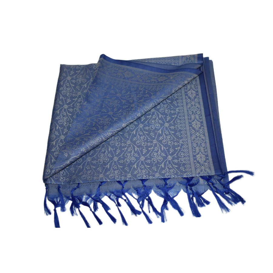 Blue patterned scarf with fringes on a white background