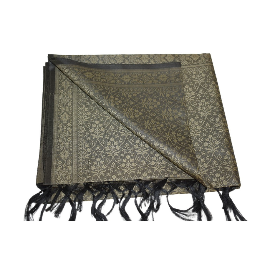 Decorative scarf with black and gold pattern on a white background