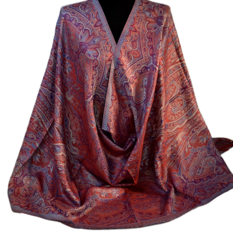 Pure Silk  Red and purple paisley patterned fabric on a white background