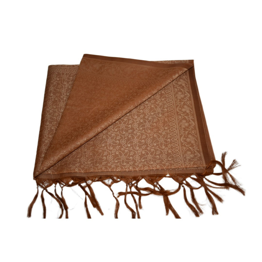 Brown scarf with intricate patterns and fringes on a white background
